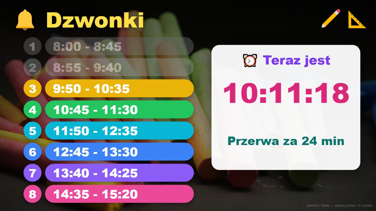 Slajd Dzwonki: plan dzwonków na dziś i bieżąca lekcja