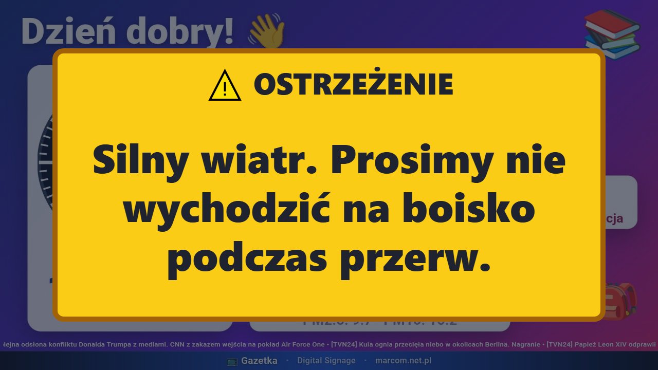 Ostrzeżenie jako żółta plansza na środku ekranu